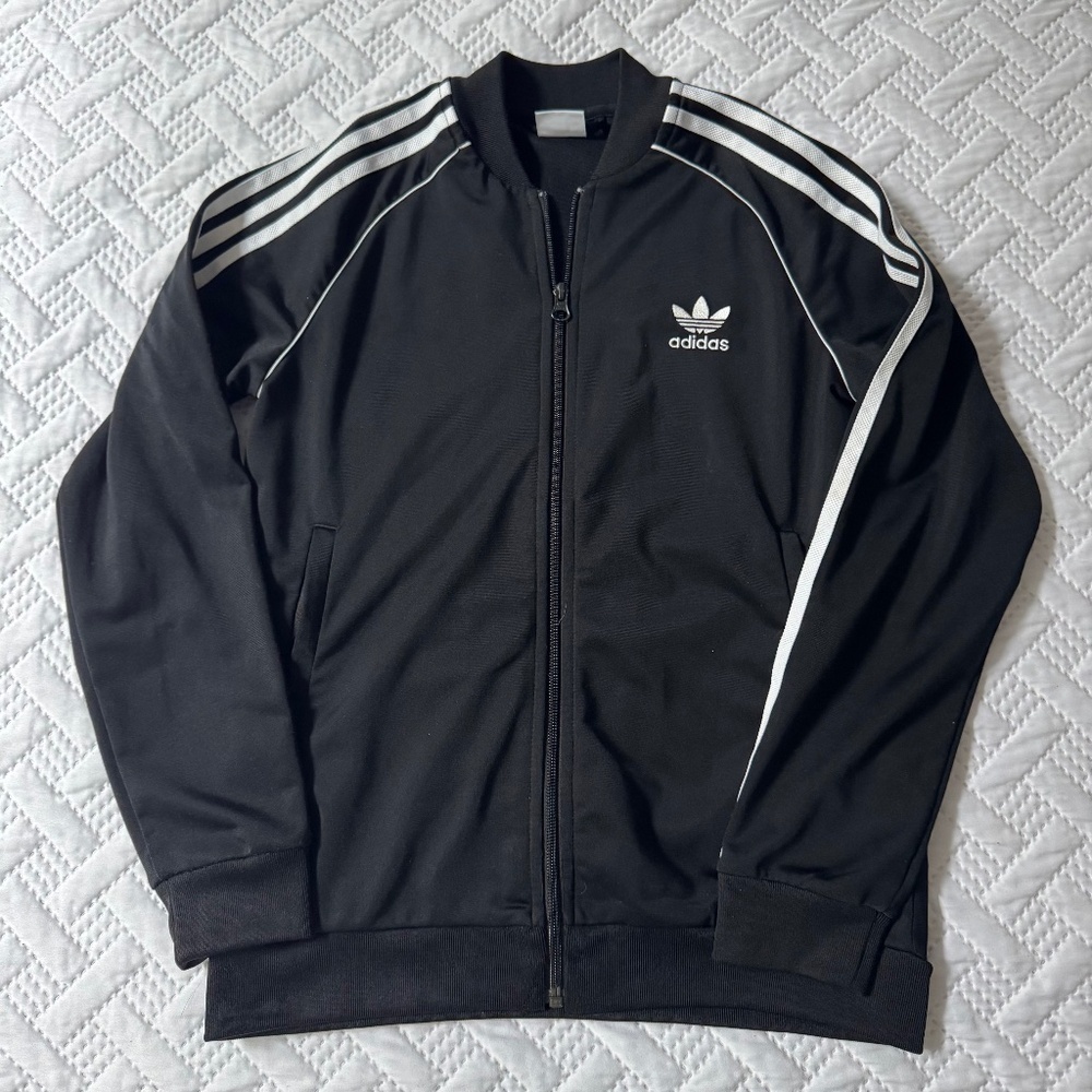 Adidas Black Triple Iconic White Stripes Classic Activewear Bomber Jacket 11-12